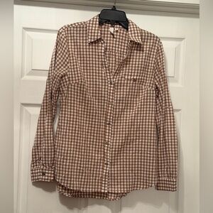 Kut from the Kloth tan white gingham checkered plaid button down shirt Medium
